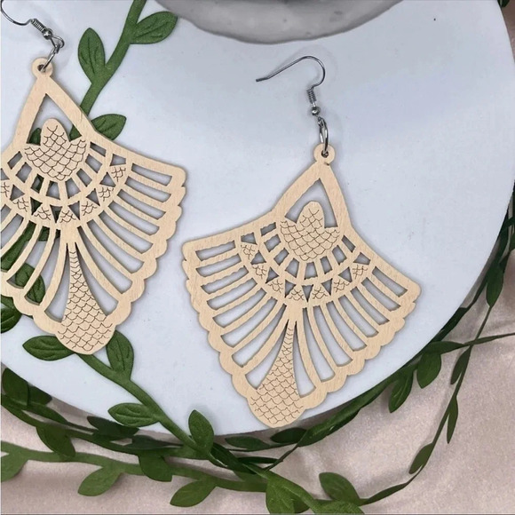 Boho Wooden Statement Earrings | Lightweight Carved Dangle Jewelry - Picture 2 of 3